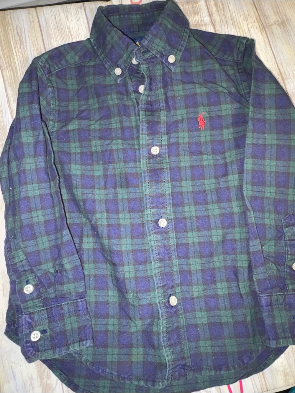 Ralph Lauren Green & Navy Plaid Button-Down Shirt with Red Logo